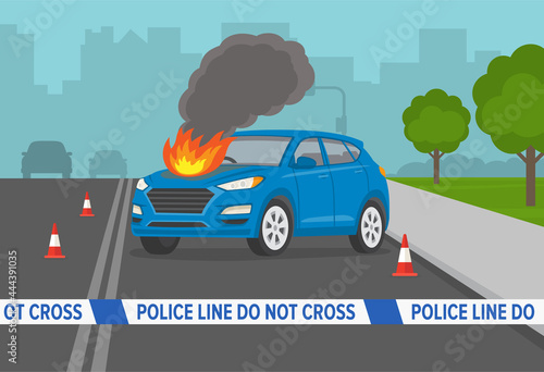 Burning suv car engine hood on city road. Do not cross tape at road accident scene. Police line, do not cross. Perspective view. Flat vector illustration template.