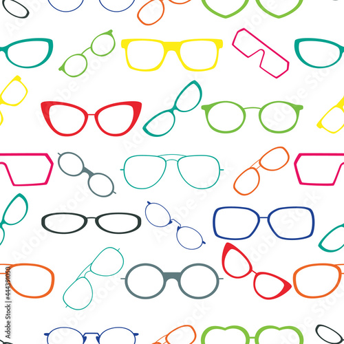 Colorful glasses frame seamless pattern background.  Great for eyewear themed fabric, wallpaper, packaging.

