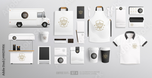 Concept of Coffee brand identity with logo on package Mockup set. Realistic MockUp set of delivery food truck, uniform, paper cup, food package, shopping bag. Fast food and beverage package design