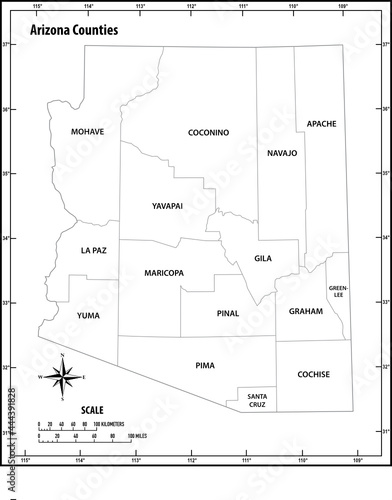 arizona state outline administrative and political vector map in black and white