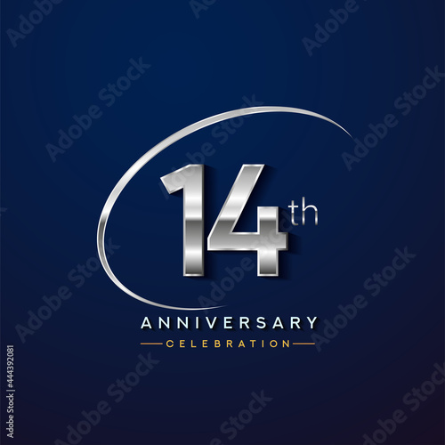14th anniversary logotype silver color with swoosh or ring, isolated on blue background for anniversary celebration event.