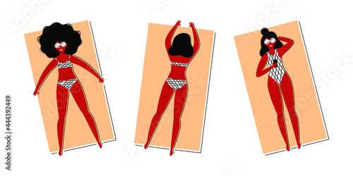 Young women in swimsuit on the beach - Characters sunbathing, 
view from above, summer relax - Suntanned girls in sunglasses, holding a smartphone, lying on stomach - Vector flat illustration set
