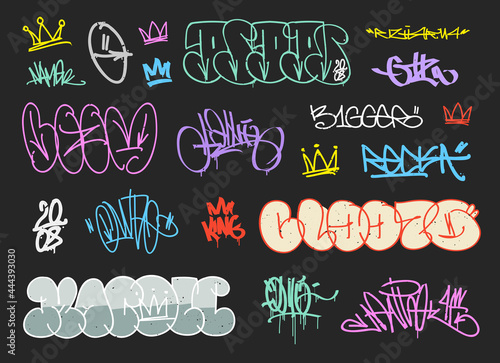 Street art graffiti signatures and crown tags hand drawn vector template. Underground outline graffiti elements and  Hip Hop lettering for print fabric and textile design. Crown tag collection