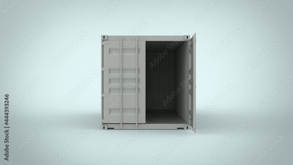 Front view of white cargo twenty feet shipping freight container with open door for logistics see transportation and delivery isolated on soft blue background 3d rendering image Front view of white cargo twenty feet shipping freight container with open door for logistics see transportation and delivery isolated on soft blue background 3d rendering image