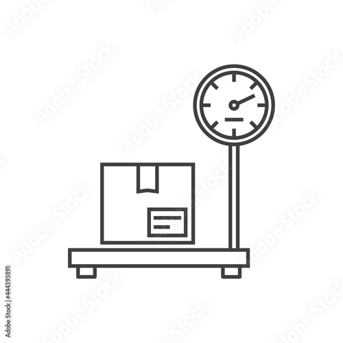 Icono caja de cartón en balanza para envio postal con lineas en color gris