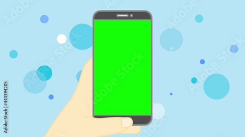 スマホのスクリーンをオンにする手 	水色背景 グリーンバック