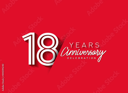 18th Years Anniversary celebration logo, flat design isolated on red background.