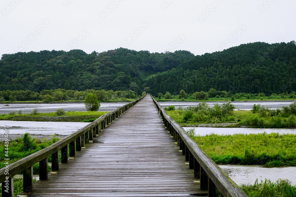 雨に濡れた蓬萊橋と南岸の風景【大井川】／静岡県浜松市