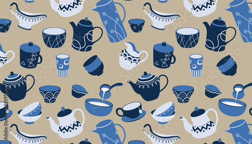 Vector seamless pattern of  teapot ,cup and bowl . 