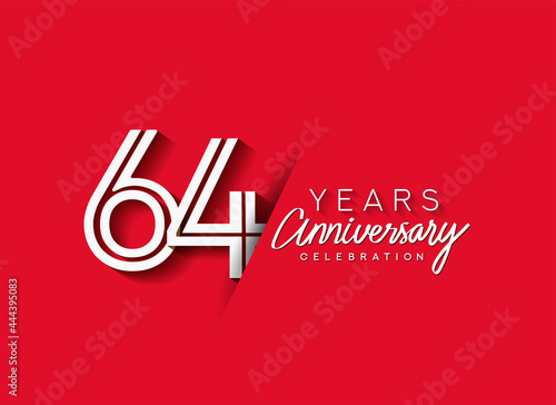 64th Years Anniversary celebration logo, flat design isolated on red background.