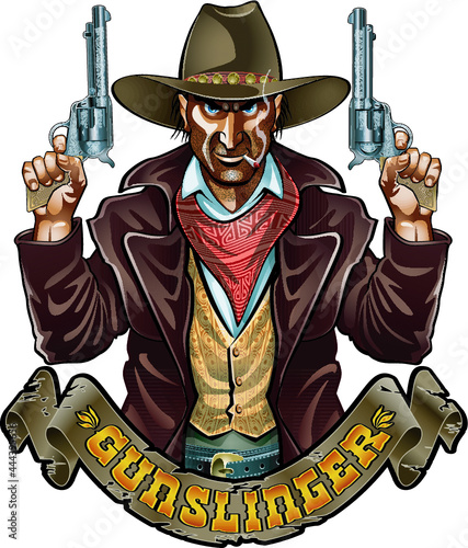 old wild west gunslinger holding two guns photo