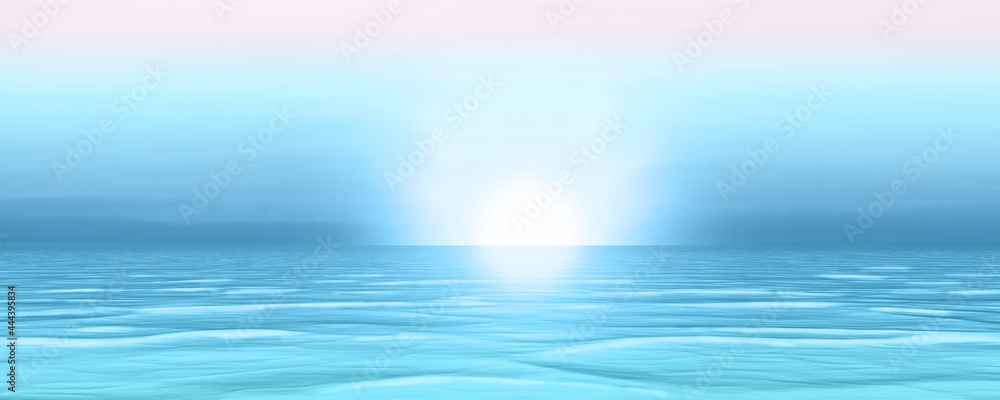 wide panoramic calm and quiet blue sea water fading to sky with center white sun