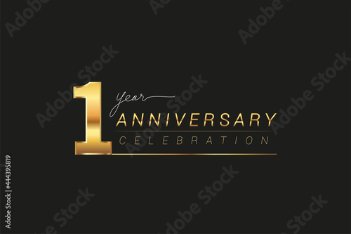 1st years anniversary celebration logotype. Anniversary logo with golden and silver color isolated on black background, vector design for celebration, invitation card, and greeting card.