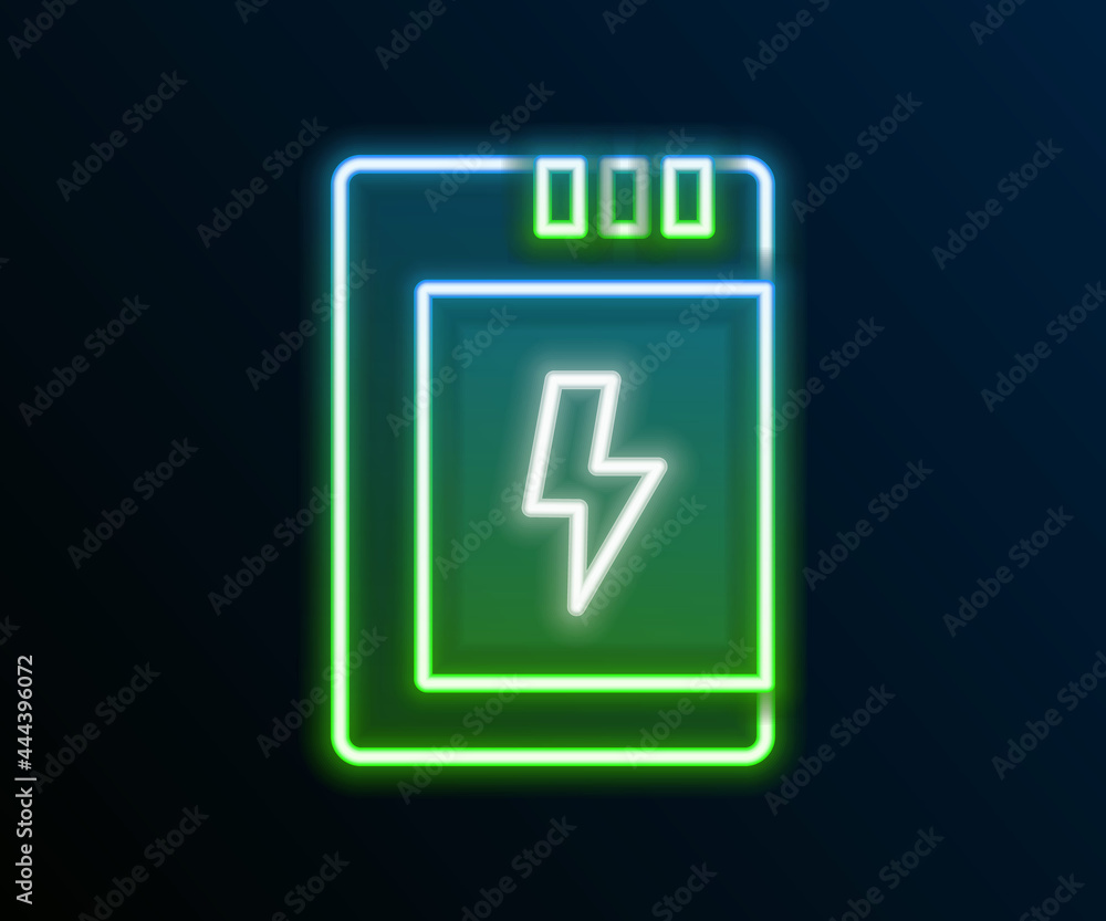 Glowing neon line Battery for camera icon isolated on black background. Lightning bolt symbol. Colorful outline concept. Vector Glowing neon line Battery for camera icon isolated on black background. Lightning bolt symbol. Colorful outline concept. Vector
