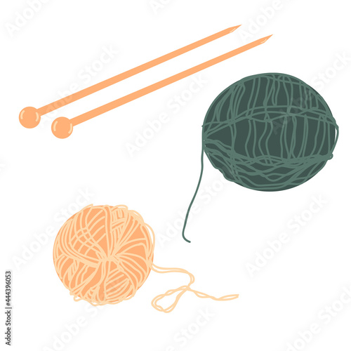 Balls of yarn (green and beige) and knitting needles. Women's hobby. Clew, skeins of wool. Tools for needlework, hand knitting. Vector illustration.