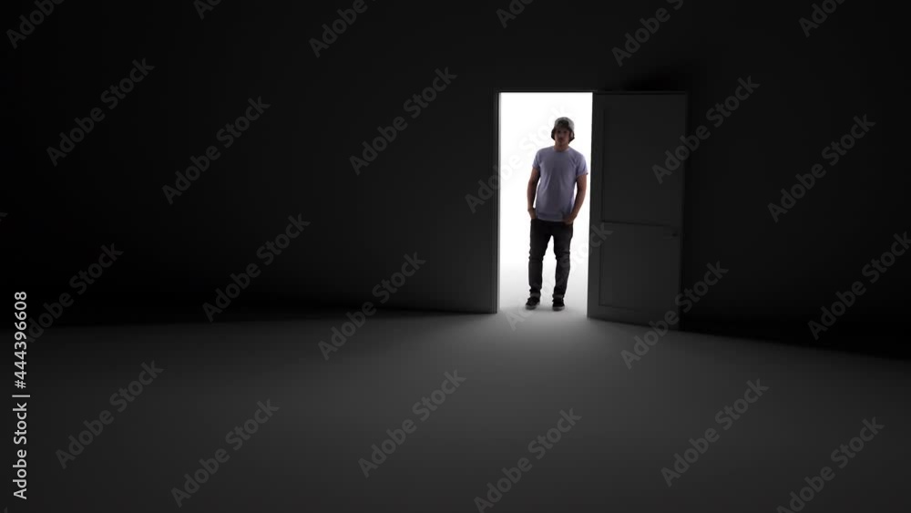 Opening the door in the dark, rays of light penetrate inside. There is a man standing outside the door. Unknown. The darkness. A successful meeting, Help Opening the door in the dark, rays of light penetrate inside. There is a man standing outside the door. Unknown. The darkness. A successful meeting, Help
