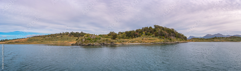 Panoramic view over beautiful sunset at bays in Tierra del Fuego National Park, Beagle Channel, Patagonia, Argentina, early Autumn. Panoramic view over beautiful sunset at bays in Tierra del Fuego National Park, Beagle Channel, Patagonia, Argentina, early Autumn.