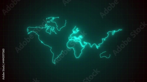 Colorful abstract world map line neon blazing glowing wiggle moving motion symbol sign on black background with  green grid line.