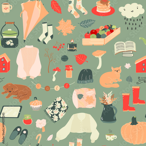 Fall seamless pattern with Cozy home objects for autumn season. Autumn background. Vector trendy illustration