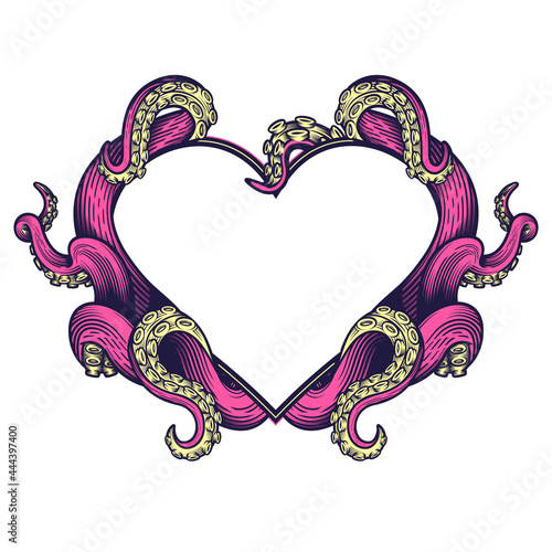 Tentacles heart shape label frame design. Hand drawn vector illustration of tentacles in shape of heart in engraving technique isolated on white.  