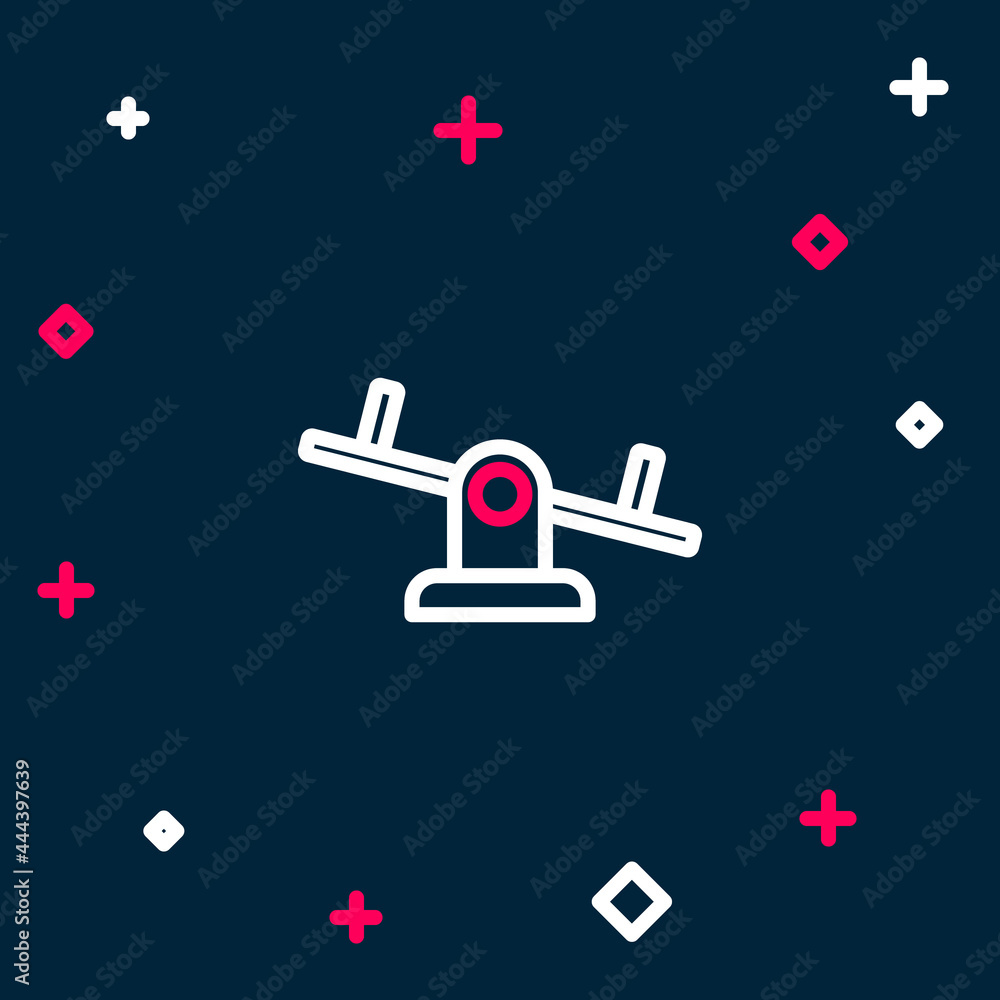 Line Seesaw icon isolated on blue background. Teeter equal board. Playground symbol. Colorful outline concept. Vector Line Seesaw icon isolated on blue background. Teeter equal board. Playground symbol. Colorful outline concept. Vector