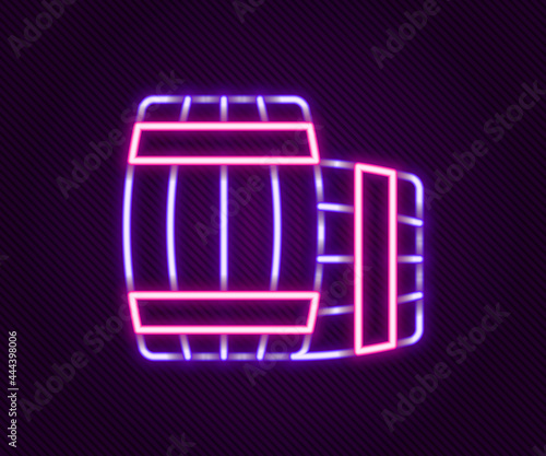 Glowing neon line Wooden barrel icon isolated on black background. Alcohol barrel, drink container, wooden keg for beer, whiskey, wine. Colorful outline concept. Vector