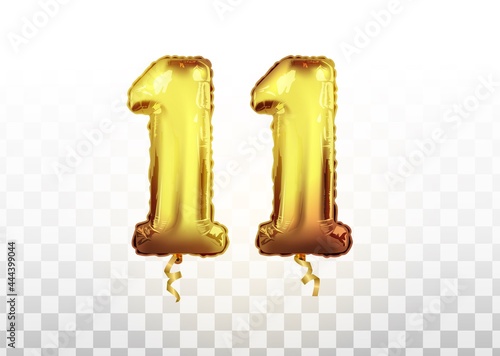 Vector realistic isolated golden balloon number of 11 for invitation decoration on the transparent background. Vector realistic anniversary celebrating golden ballons number 11