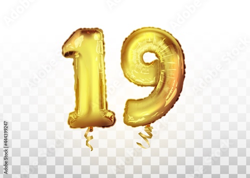 vector Golden foil number 19 nineteen metallic balloon. Party decoration golden balloons. Anniversary sign for happy holiday, celebration, birthday, carnival, new year