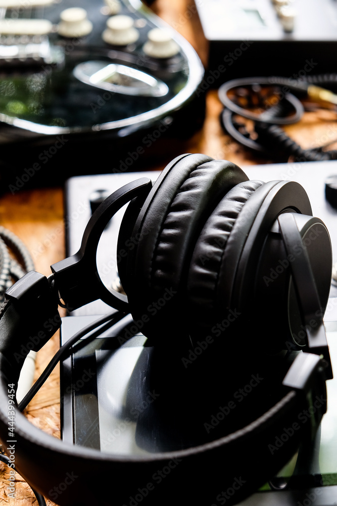 Close up instruments music background concept,Guitar and studio equipment Close up instruments music background concept,Guitar and studio equipment