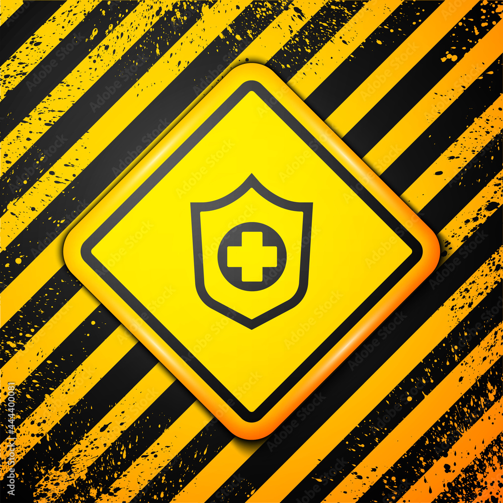 Black Life insurance in hand icon isolated on yellow background. Security, safety, protection, protect concept. Warning sign. Vector Black Life insurance in hand icon isolated on yellow background. Security, safety, protection, protect concept. Warning sign. Vector