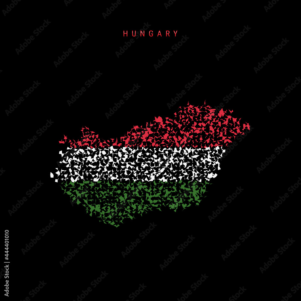 Hungary flag map, chaotic particles pattern in the Hungarian flag colors. Vector illustration Hungary flag map, chaotic particles pattern in the Hungarian flag colors. Vector illustration