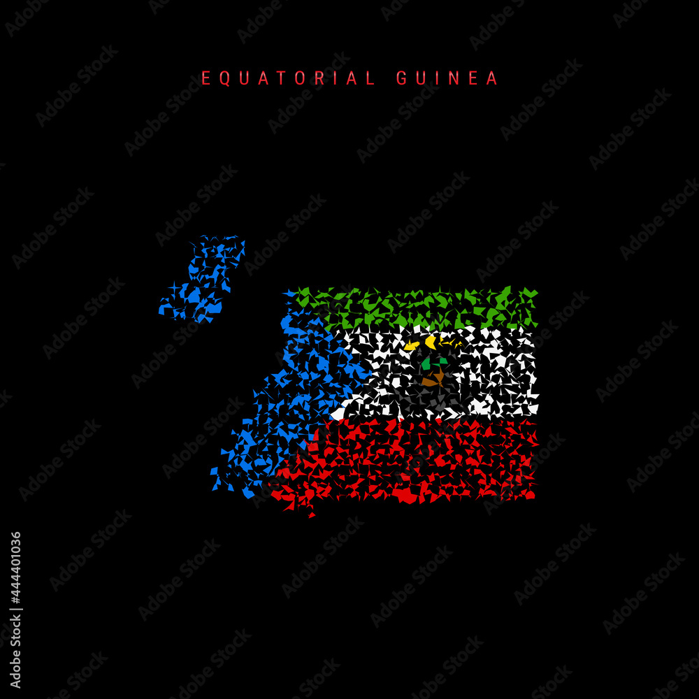 Equatorial Guinea flag map, chaotic particles pattern in the Equatorial Guinea flag colors. Vector illustration Equatorial Guinea flag map, chaotic particles pattern in the Equatorial Guinea flag colors. Vector illustration