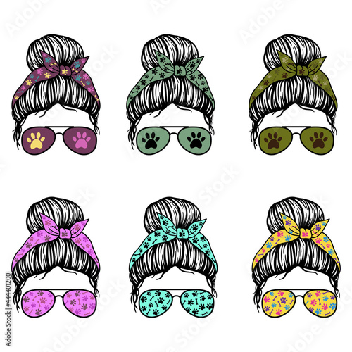 Dog mom. Women with aviator glasses, bandana and dog paw print. Messy Bun Mom Lifestyle. Vector illustration. Isolated on white background. Good for posters, t shirts, postcards.