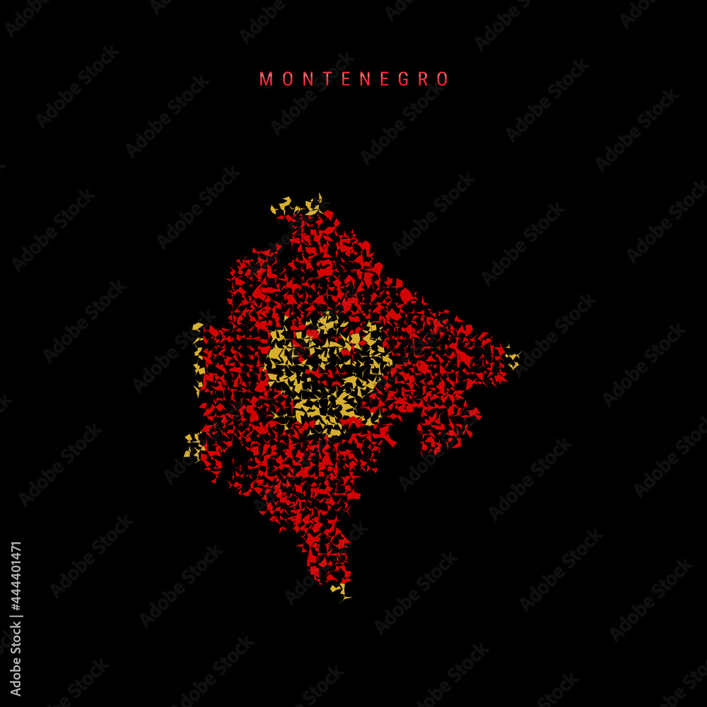 Montenegro flag map, chaotic particles pattern in the Montenegrin flag colors. Vector illustration
