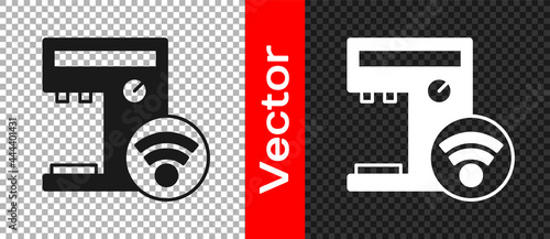 Black Smart coffee machine system icon isolated on transparent background. Internet of things concept with wireless connection. Vector