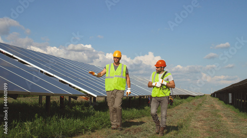 Slika na platnu Male colleagues walking and talking on solar farm