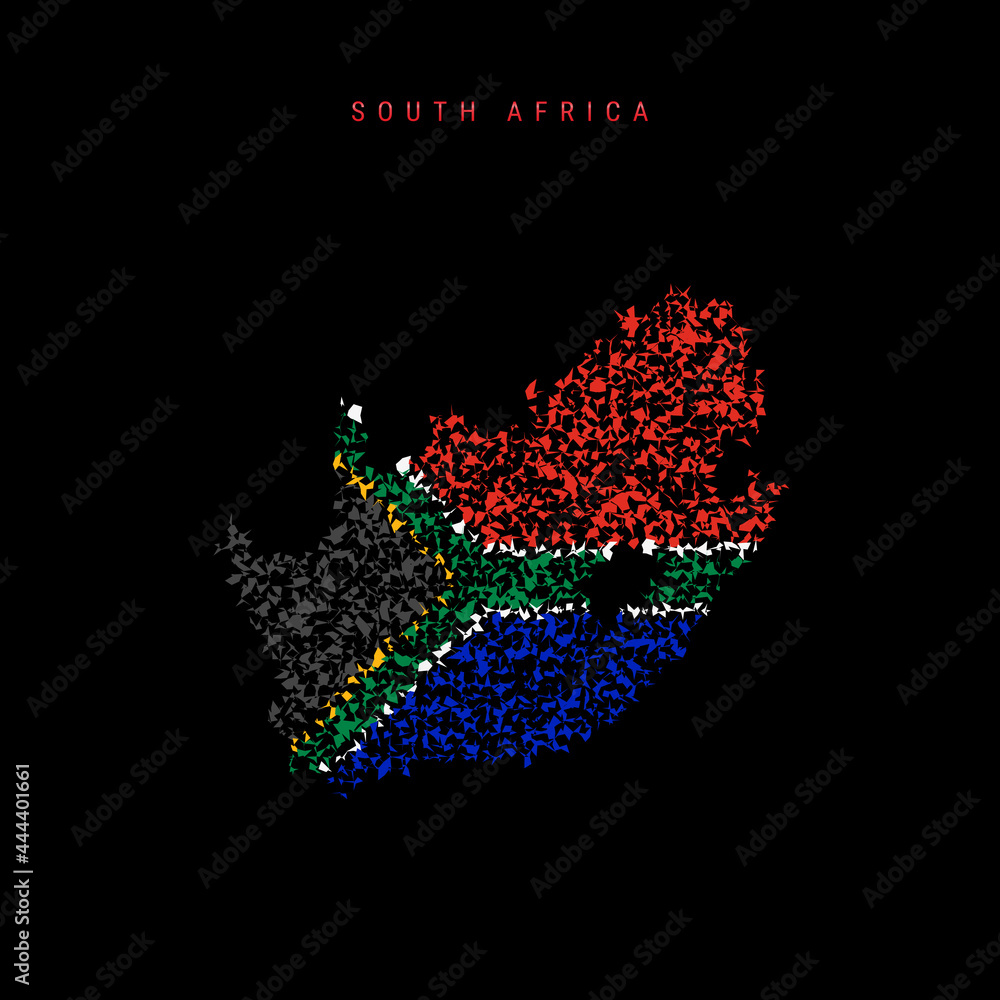 South Africa flag map, chaotic particles pattern in the South African flag colors. Vector illustration