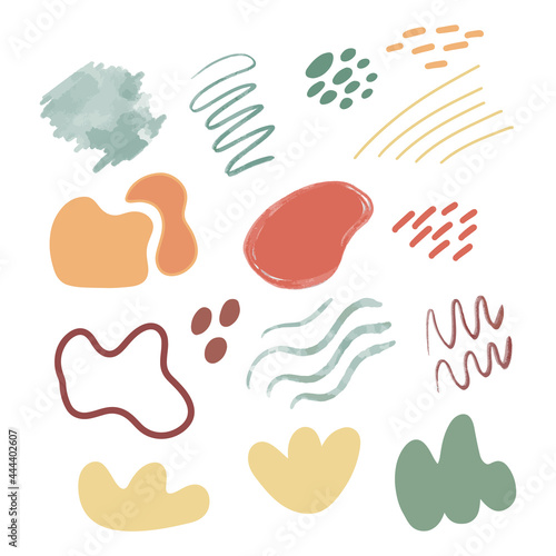 Big set of various paintbrush strokes, simple organic shapes, dots, lines, circles, waves. Watercolor and flat vector doodles design elements. Memphis style clip art.