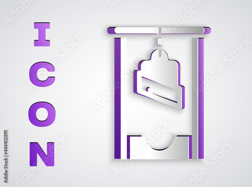 Paper cut Guillotine medieval execution icon isolated on grey background. Paper art style. Vector