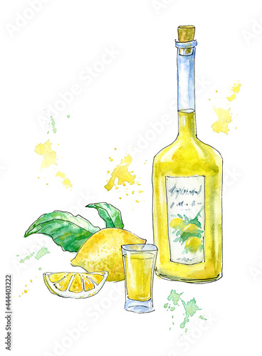 Bottle of limoncello,lemon and glasses.Picture of a alcoholic drink.Watercolor hand drawn illustration.
