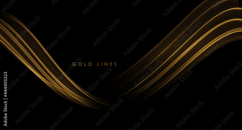 Abstract Gold Waves. Shiny golden moving lines design element on dark background for greeting card and disqount voucher. Abstract Gold Waves. Shiny golden moving lines design element on dark background for greeting card and disqount voucher.