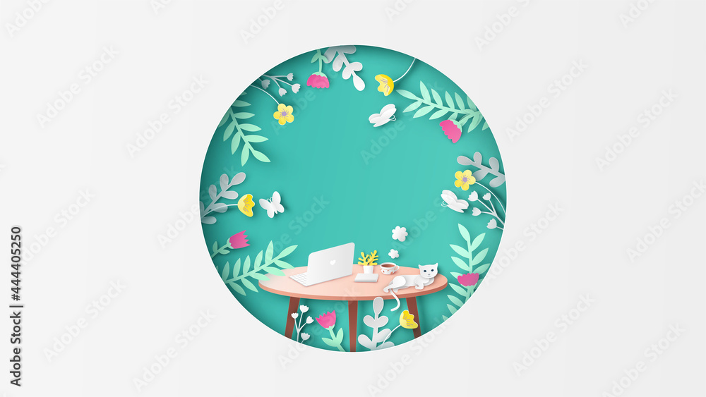 Spring workspace with notebook, book, coffee cup and cat on the top brown table in circle frame with flower. Springtime. paper cut and craft style. vector, illustration. Spring workspace with notebook, book, coffee cup and cat on the top brown table in circle frame with flower. Springtime. paper cut and craft style. vector, illustration.
