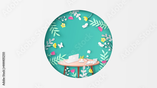 Spring workspace with notebook, book, coffee cup and cat on the top brown table in circle frame with flower. Springtime. paper cut and craft style. vector, illustration.