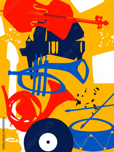 Musical promotional poster with musical instruments colorful vector. Cello, piano, trumpet, guitar, drum, French horn, lp record for live concert events, jazz music festivals and shows, party flyer