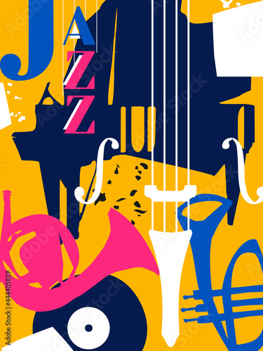 Musical promotional poster with musical instruments colorful vector illustration. Piano, trumpet, French horn and vinyl record disc for live concert events, jazz music festivals and shows, party flyer