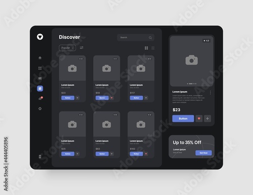 Concept app interface for online store, hotel booking or social media. Dashboard design in dark colors with UI and UX elements.