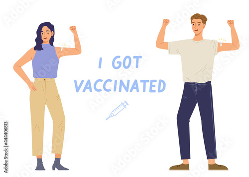 Young adult got Covid-19 vaccinated. Coronavirus vaccine. Concept of vaccination, herd immunity, virus epidemic prevention, injection, health care. Flat vector illustration character.
