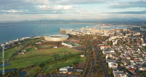 Aerial view of Cape Town, Western Cape, South Africa, with Cape peninsula, Green Point, V and A waterfront, Cape Town Stadium, De Waterkant, on a bright and sunny day