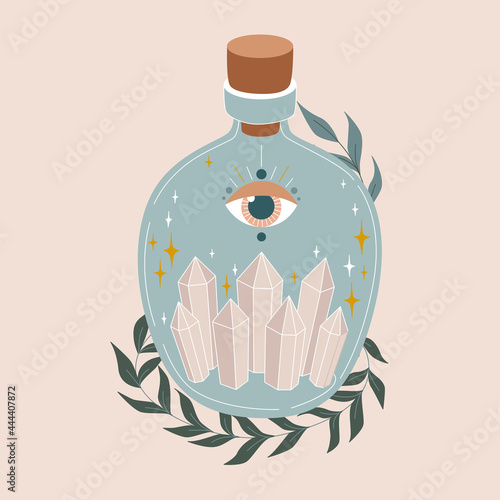 Magic bottle. Vintage potion. Witchcraft art. Flat vector illustration in pastel colors. 