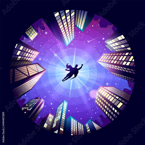 The super hero is flying over the city. City of the future. City landscape with a soaring hero. Illustration for cover, advertisement, banner. Mobile theme or wallpaper. Stock vector illustration.